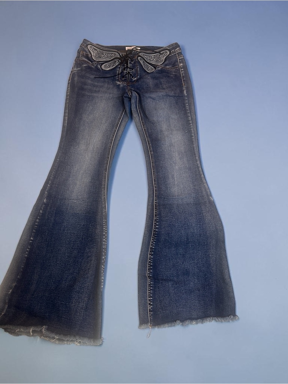 Women’s Dark Wash Faded Lace-Up Butterfly Fitted Stretch Flared Jeans